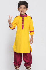 Boy's Blended Cotton Pathani Suit Set in Yellow