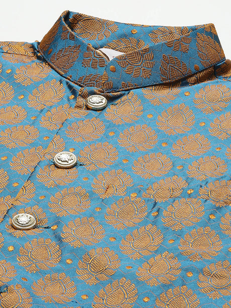 Men's Blue Jacquard Silk Woven Design Kurta Set with Jacket
