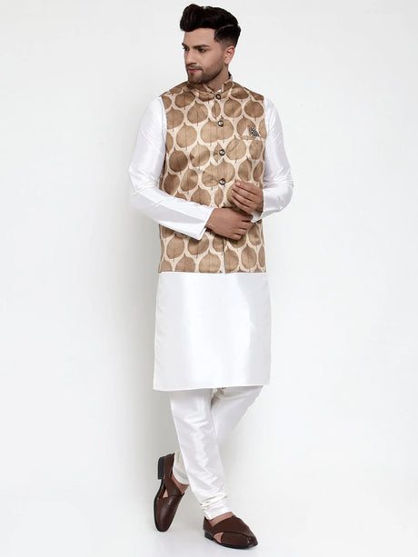 Men's Brown Silk Printed Kurta Set with Jacket