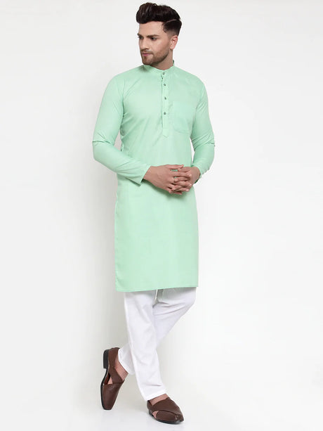 Men's green Cotton Solid Kurta Set