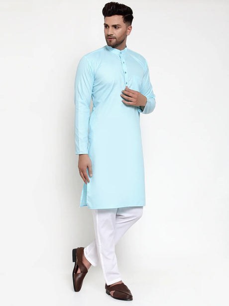 Men's Blue Cotton Solid Kurta Set