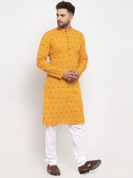 Men's Yellow Cotton Blend Printed Kurta Set