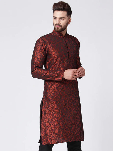 Men's Maroon Jacquard Silk Woven Design Kurta Top