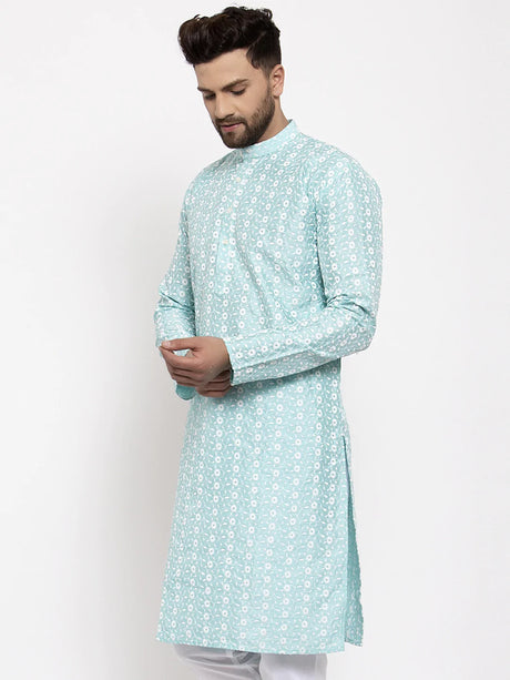 Men's Blue Cotton Abstract Kurta Top