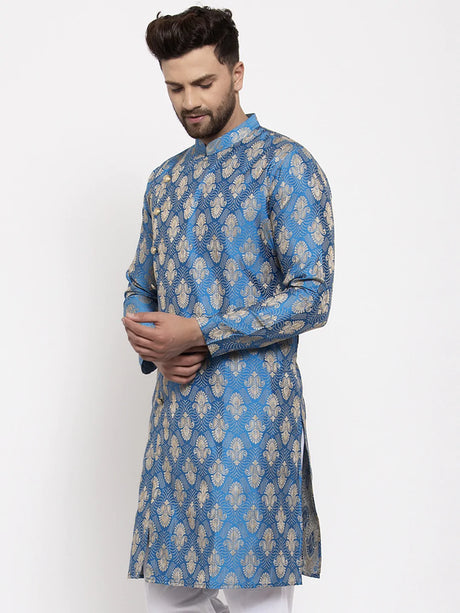 Men's Blue Jacqaurd Abstract Kurta Top