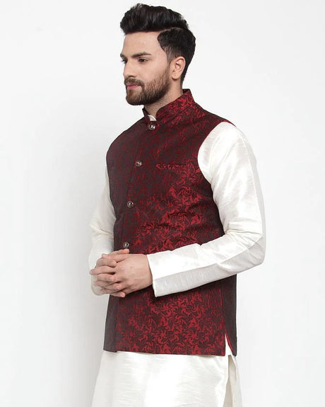 Men's Maroon Cotton Woven Nehru Jacket