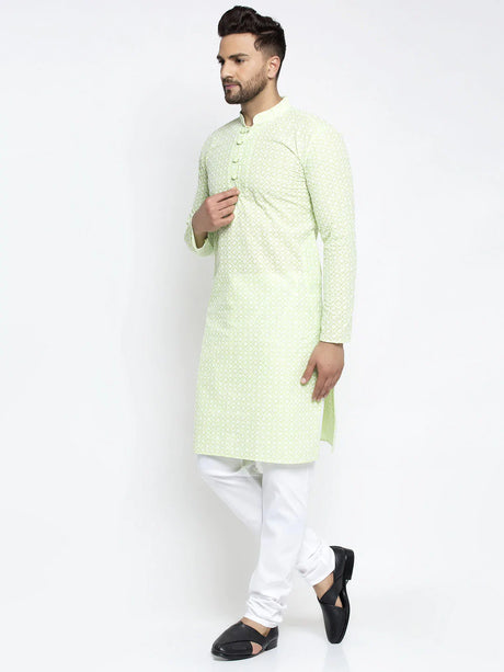 Men's green Cotton Embellished Kurta Set