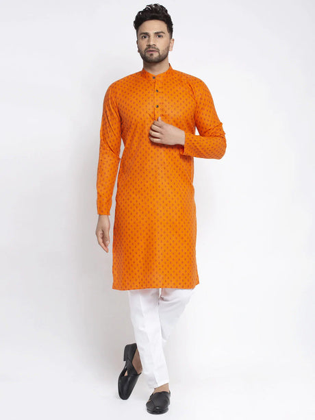 Men's Orange Long Sleeve Cotton Abstract Kurta Top