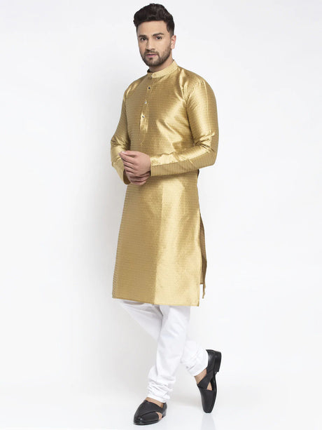 Men's Mustard Jacqaurd Geometric Kurta Set