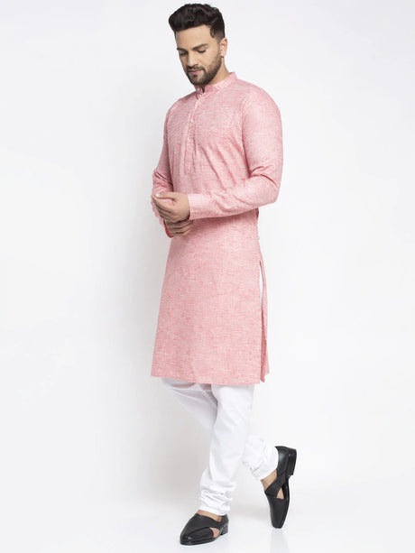 Men's Pink Mandarin Collar Linen Solid Kurta Set