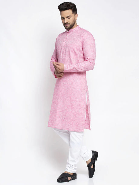 Men's Pink Linen Solid Kurta Set