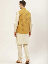 Men's Mustard Dupion Silk Printed Kurta Set with Jacket