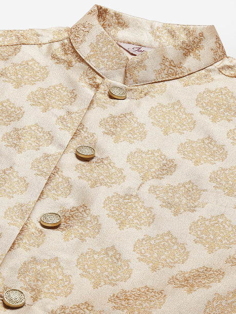Men's Cream Jacquard Silk Woven Design Kurta Set with Jacket