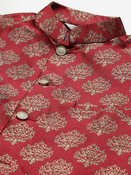 Men's Maroon Jacquard Silk Woven Design Kurta Set with Jacket