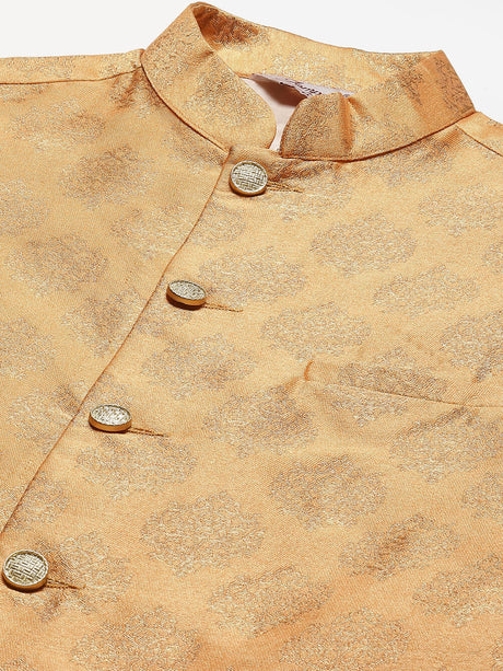 Men's Peach Jacquard Silk Woven Design Kurta Set with Jacket
