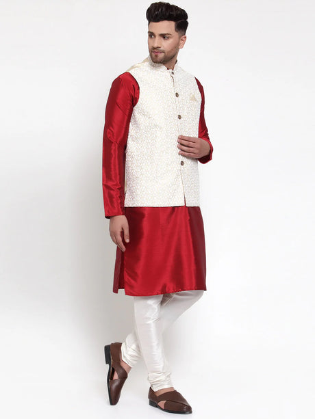 Men's Beige Cotton Blend Chikankari Kurta Set with Jacket