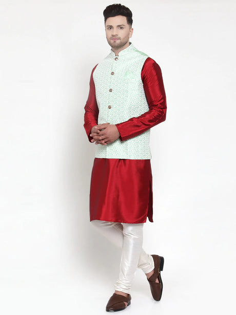 Men's green Cotton Blend Chikankari Kurta Set with Jacket