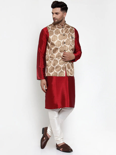 Men's Brown Silk Printed Kurta Set with Jacket