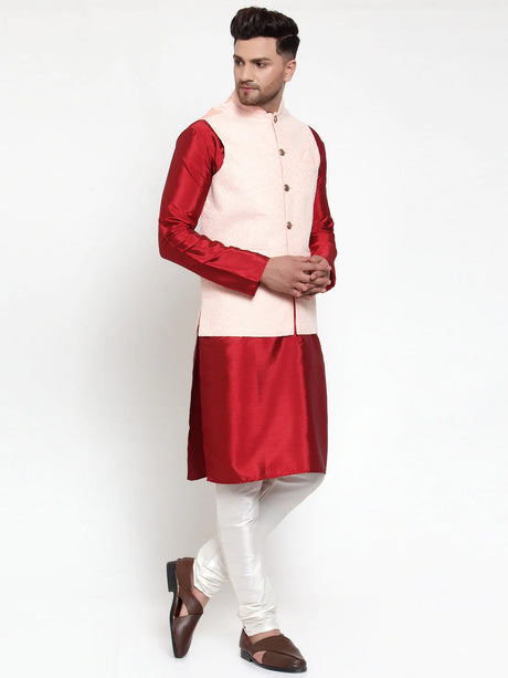 Men's Pink Cotton Blend Chikankari Kurta Set with Jacket