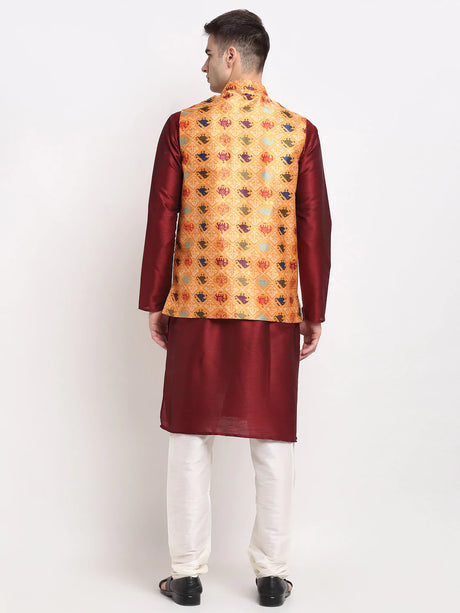 Men's Orange Silk Printed Kurta Set with Jacket