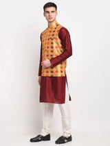Men's Orange Silk Printed Kurta Set with Jacket