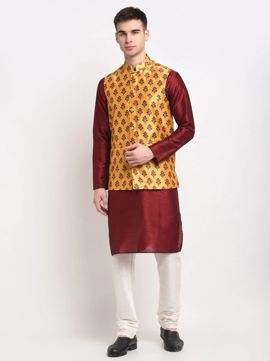 Men's Yellow Silk Printed Kurta Set with Jacket