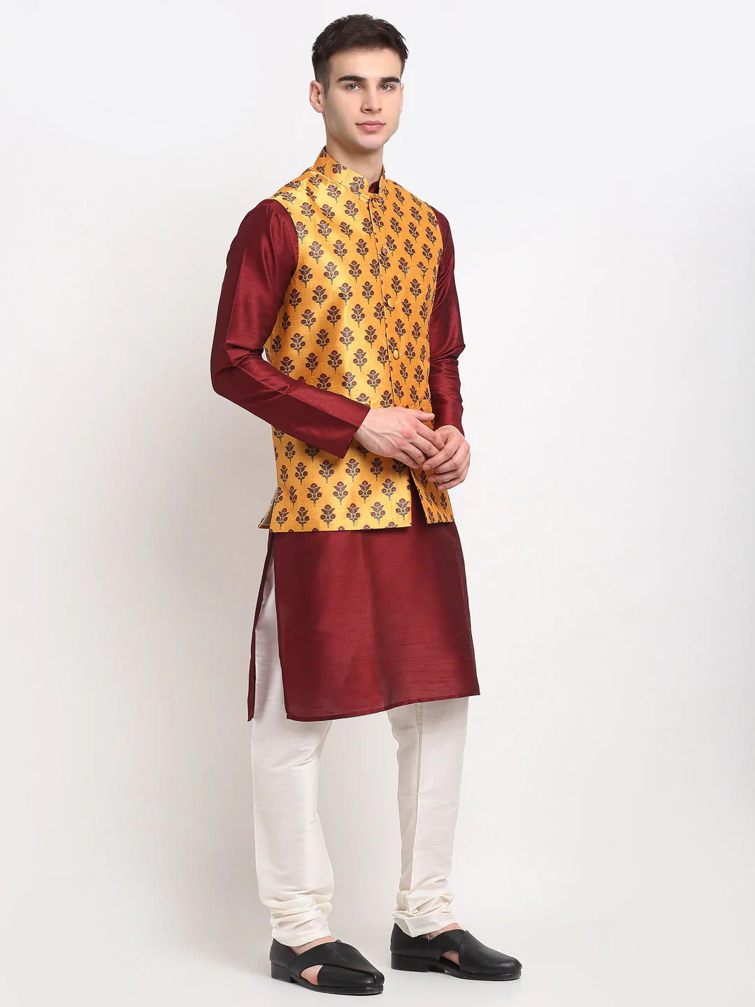 Men's Yellow Silk Printed Kurta Set with Jacket