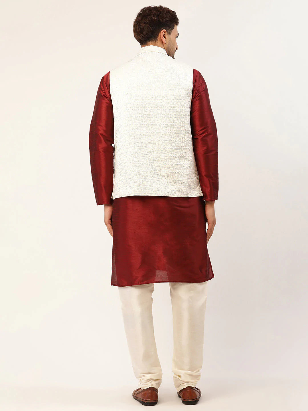 Men's White Cotton Blend Embosed Design Kurta Set with Jacket