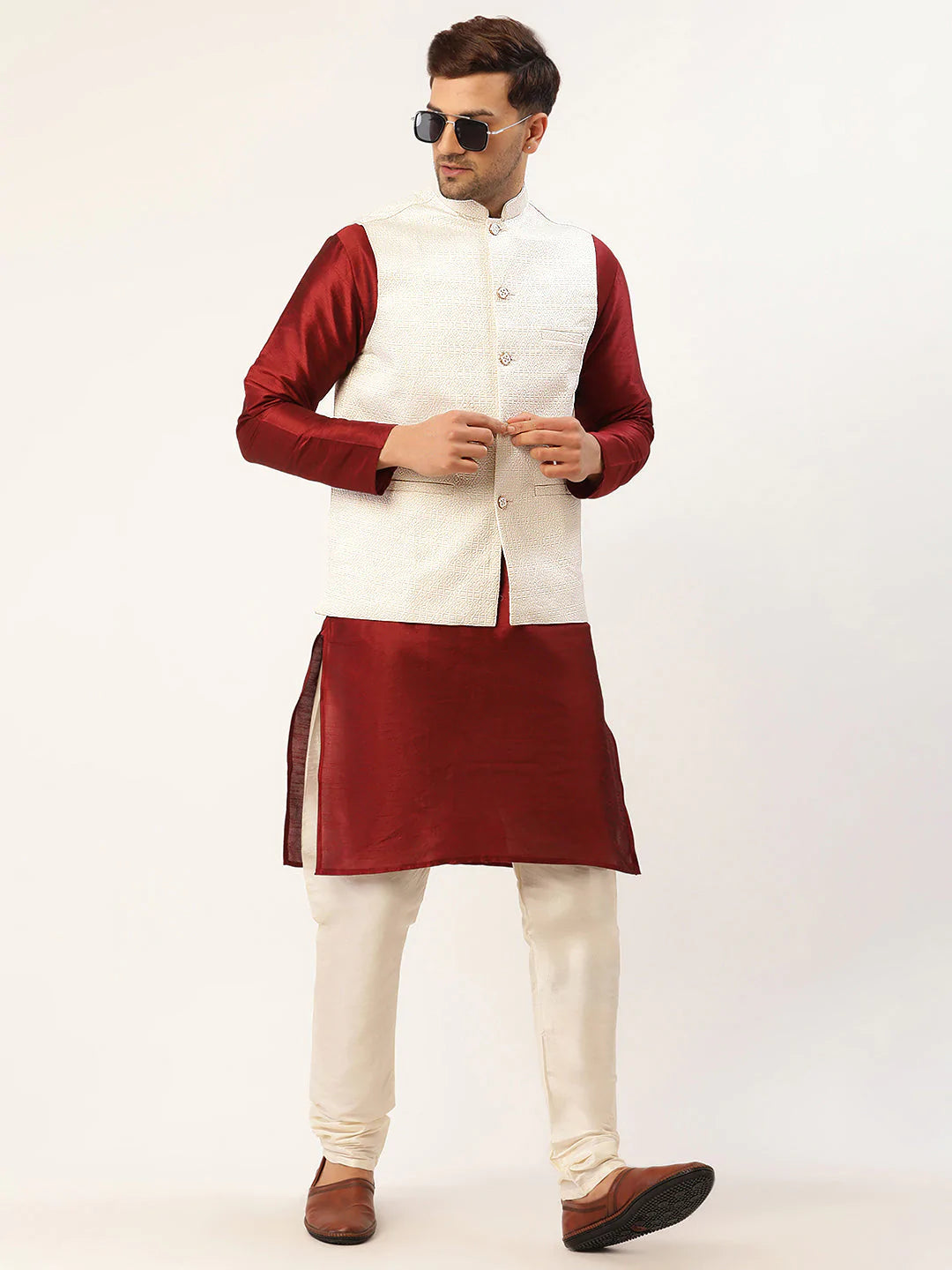 Men's White Cotton Blend Embosed Design Kurta Set with Jacket