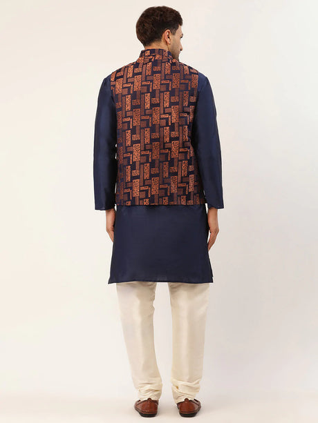 Men's Navy Blue Cotton Blend Printed Kurta Set with Jacket