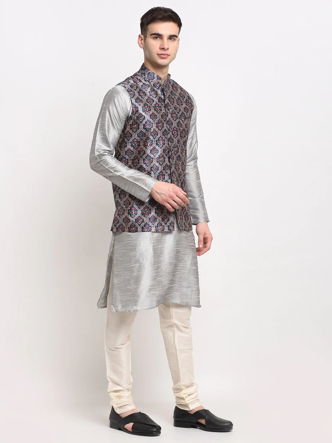 Men's Grey Silk Printed Kurta Set with Jacket