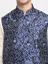 Men's Blue Silk Printed Kurta Set with Jacket