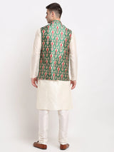 Men's green Silk Printed Kurta Set with Jacket