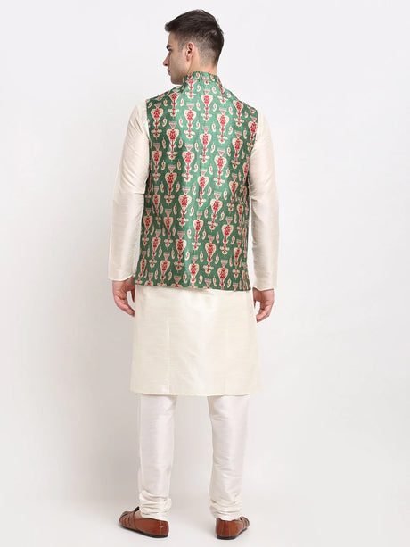 Men's green Silk Printed Kurta Set with Jacket