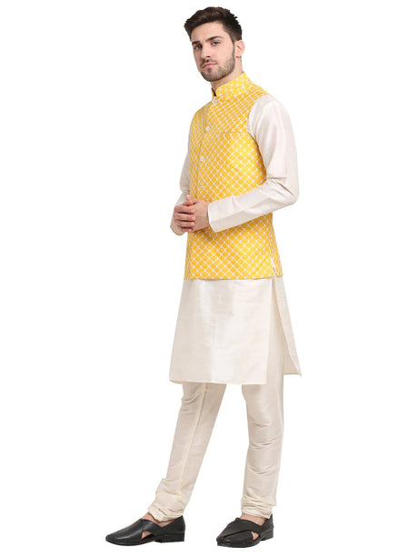 Men's Mustard Cotton Blend Chikankari Kurta Set with Jacket