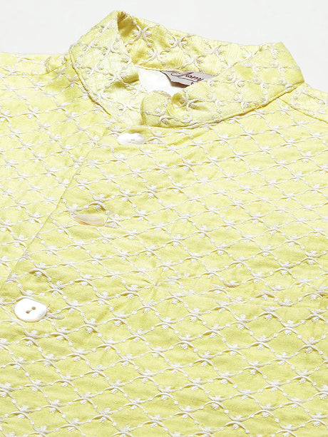 Men's Yellow Cotton Blend Chikankari Kurta Set with Jacket