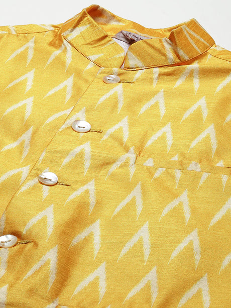 Men's Mustard Silk Printed Kurta Set with Jacket