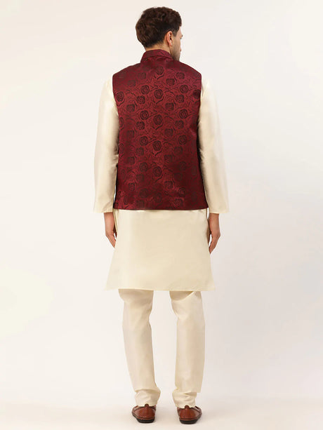 Men's Maroon Silk Embosed Design Kurta Set with Jacket
