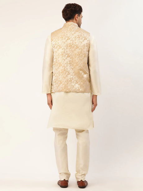 Men's Beige Silk Embosed Design Kurta Set with Jacket