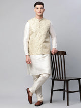 Men's Beige Jacquard Silk Woven Design Kurta Set with Jacket