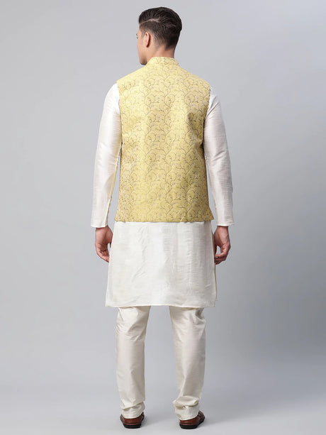 Men's Lemon Jacquard Silk Woven Design Kurta Set with Jacket