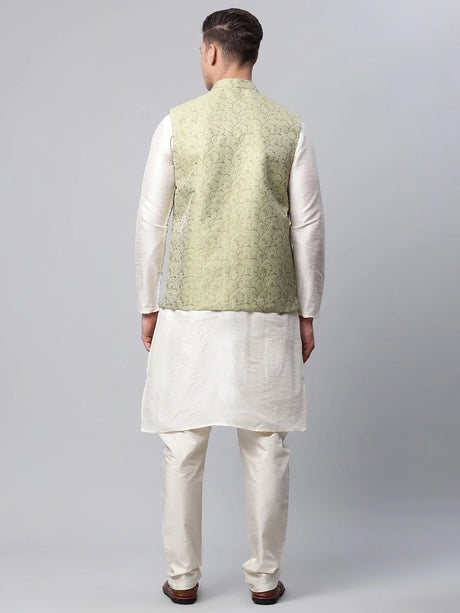 Men's Pista Jacquard Silk Woven Design Kurta Set with Jacket