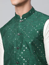 Men's green Dupion Silk Mirror Work Kurta Set with Jacket