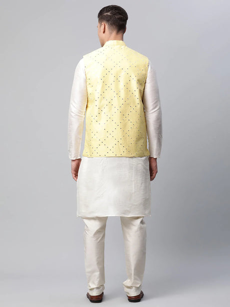 Men's Yellow Dupion Silk Mirror Work Kurta Set with Jacket
