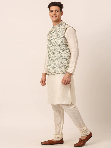 Men's Grey Silk Embosed Design Kurta Set with Jacket