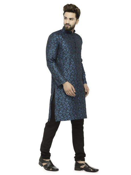 Men's Blue & Black Jacqurd Silk Woven Design Kurta Set