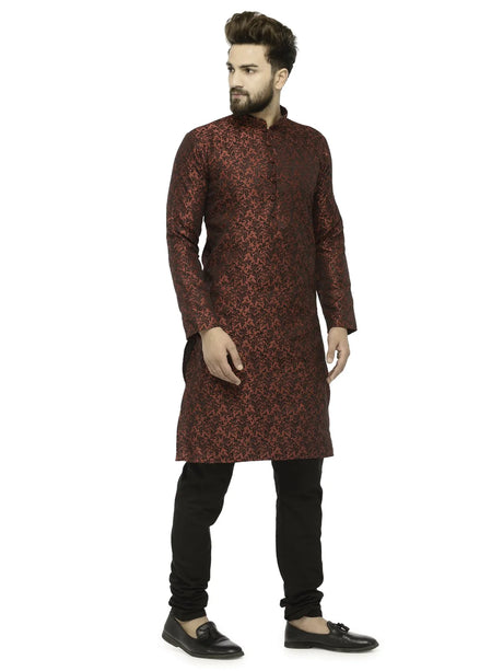 Men's Maroon Jacqurd Silk Woven Design Kurta Set