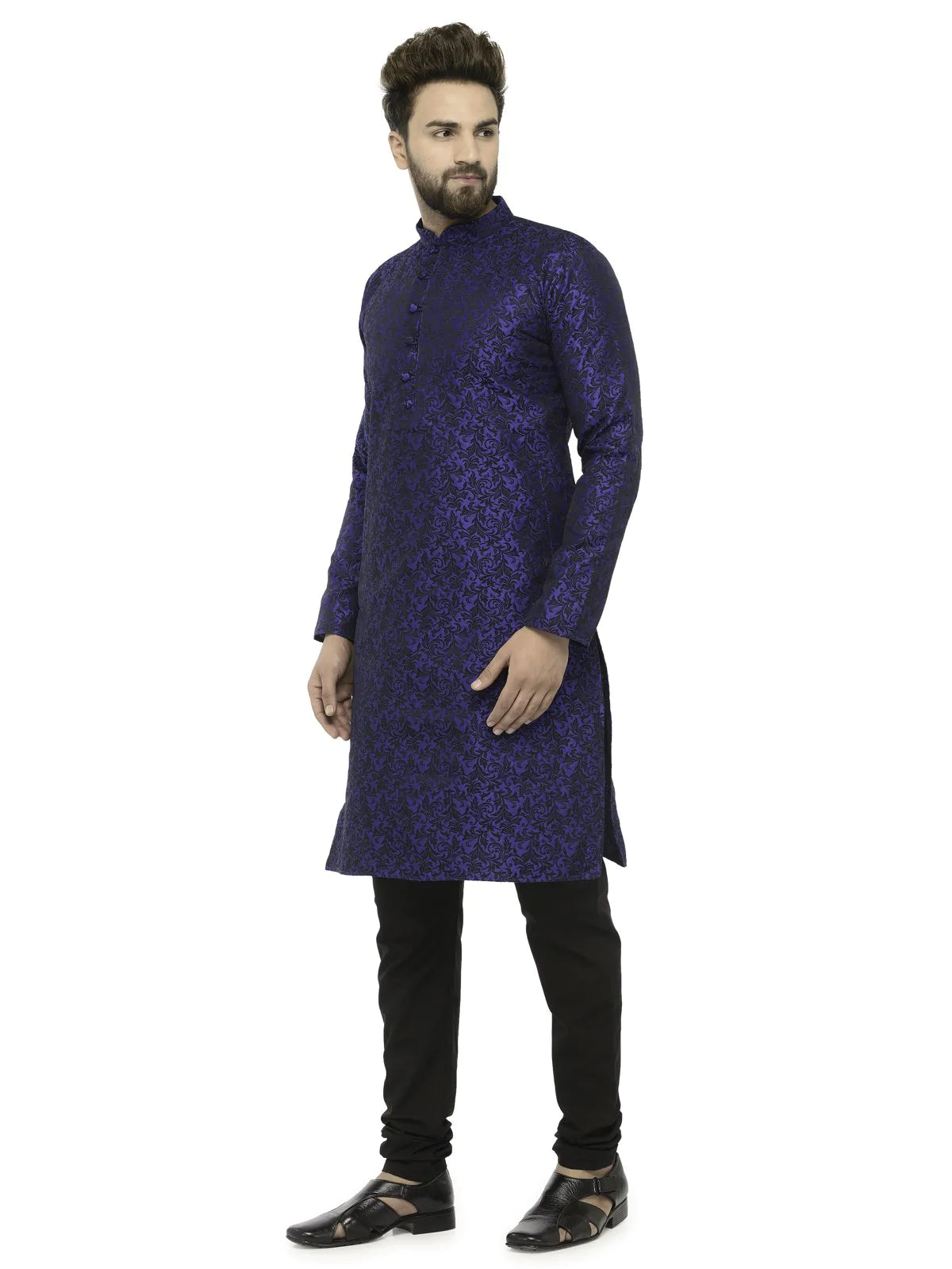 Men's Blue Jacqurd Silk Woven Design Kurta Set