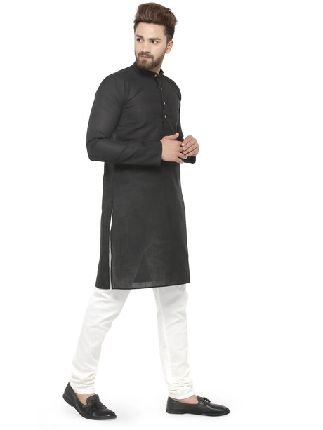 Men's Black Cotton Blend Solid Kurta Set