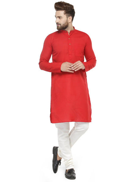 Men Red & White Solid Kurta with Churidar - Jompers